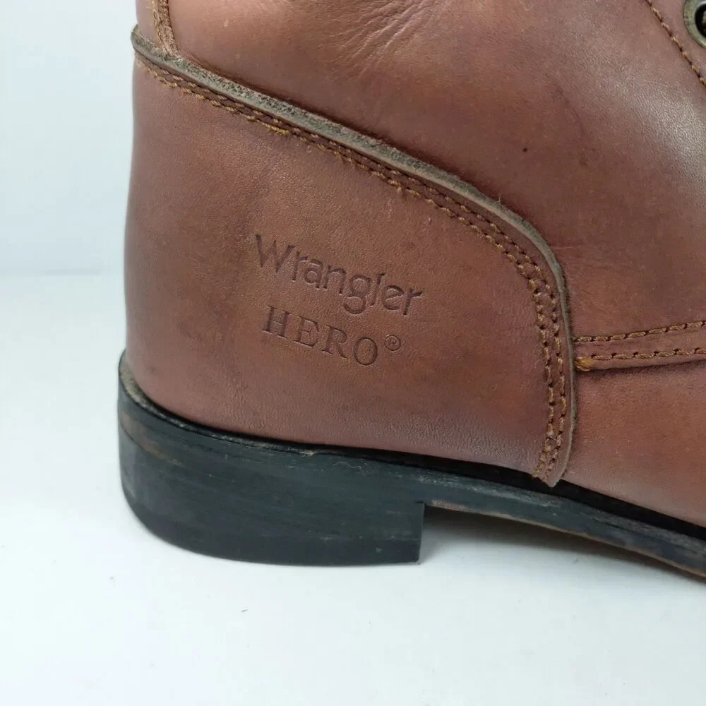 VTG Wrangler Hero Brown Leather Lace-up Western Boots Mens Size 9.5